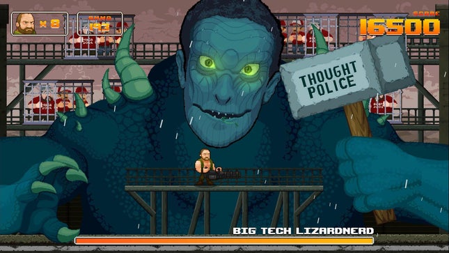 Screenshot des Alex-Jones-Spiels, der eine Kreatur zeigt, die einen Vorschlaghammer mit der Aufschrift hält 